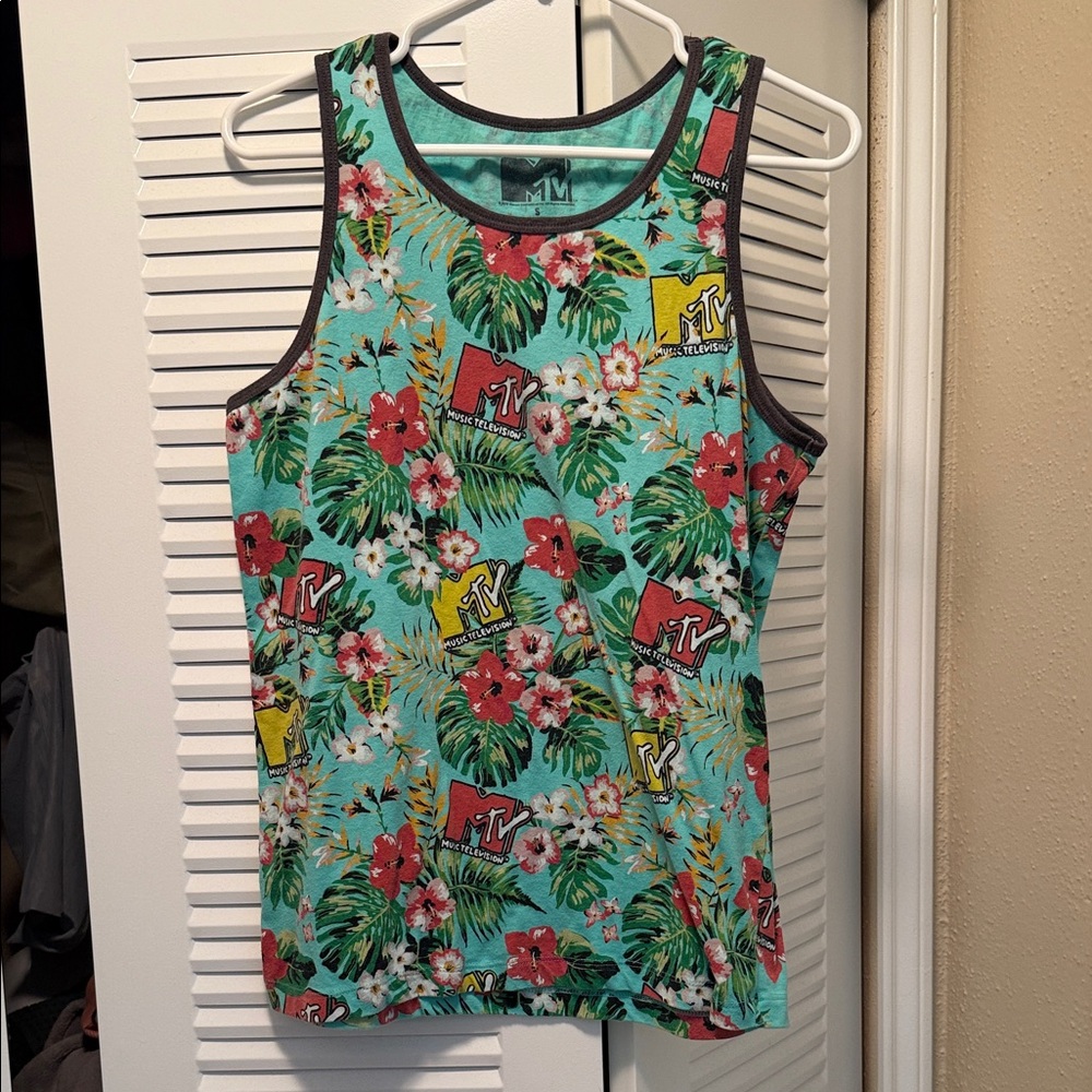 Size Small MTV Blue and Green 60% Cotton Tank Top Vibrant Tropical Floral Design